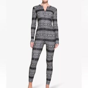 SKIMS Logo Plush Pointelle Henley Pajama Jumpsuit in Onyx Fair Isle